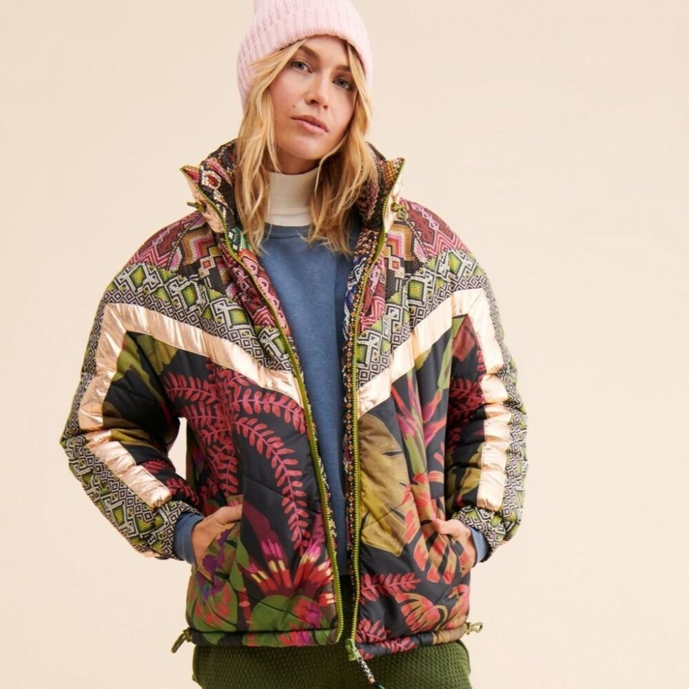 Farm Rio Puffer Jacket L Tropical Rauti Reversible Colorful Metallic WiNTER - Picture 5 of 14